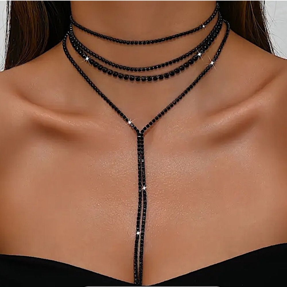 - Black Crystal Y Lariat Choker Rhinestone Drop Tassel Necklace New Years